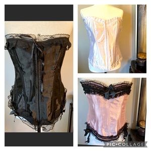 3 corsets: black, white, pink/black